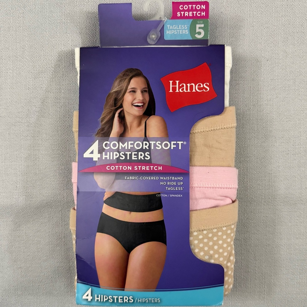 4pk Hanes ComfortSoft Cotton Stretch Hipster Panties Size 5 Tagless Underwear